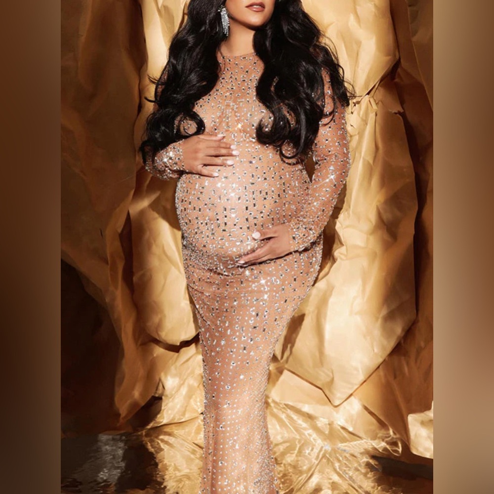 Nude Sparkly Rhinestone Mesh Long Sleeve Maternity Dress
